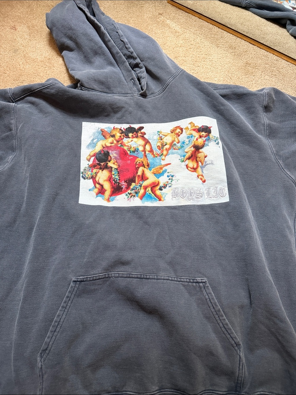 Boys Lie Navy Gray Pullover Hoodie with Cherub Print